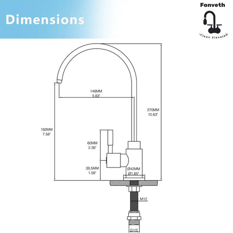 Dimensions diagram of Brushed Gold Drinking Water Faucet For Kitchen Sink Solid Brass Construction Reverse Osmosis Compatible Water Filter Faucet