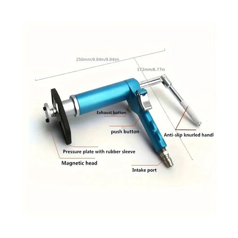 Close-up of 24 Piece Pneumatic Brake Caliper Piston Wind Back Tool Kit showing mechanism and labeled parts in blue.