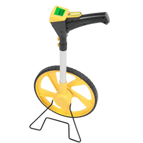 Digital Measuring Wheel With Bright Display Flips Effortlessly Between Feet And Meters For Heavy Duty Landscaping Surveying And DIY Projects That Demand Dead Nuts Precision Without Any Hassle, showing the handle and wheel.