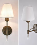 YS.ESUDSI Vintage Wall Sconces with White Fabric Shade Hardwired E26 Base, displaying front and side views with brass finish.