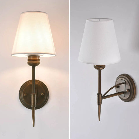 YS.ESUDSI Vintage Wall Sconces with White Fabric Shade Hardwired E26 Base, displaying front and side views with brass finish.
