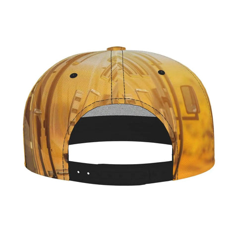 Back of Road Trip Ready Flat Brim Snapback Cap showing black adjustable closure and yellow all-over print.