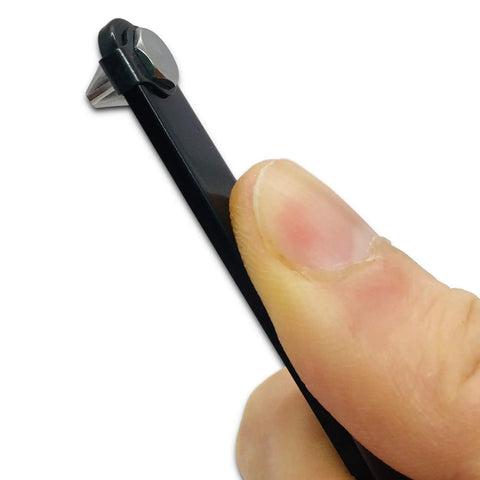 Close-up of Ultra Low Profile Offset Screwdriver Set 3 Piece 90 Degree Slim Plate for Tight Spots Made in Japan black handle in hand