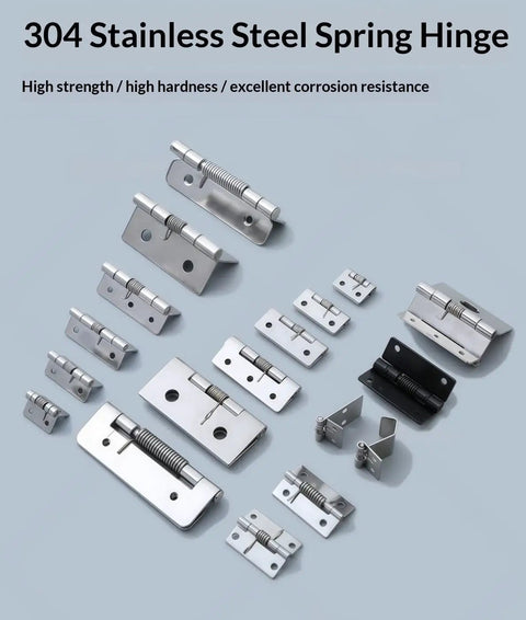 4 Pack Stainless Steel Spring Loaded Hinges for Cabinet Doors Featuring Rock Solid Auto Close Mechanism with Included Screws Rustproof Finish Heavy Duty Drop In Replacement Smooth Action Reliable Performance Pro Grade Hardware, assorted sizes.