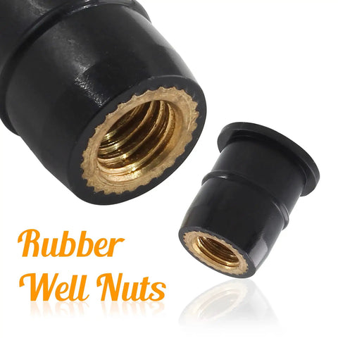 Close-up of 12 Pairs M6 Rubber Well Nuts Neoprene Expansion Kit With Brass Nuts And Stainless Steel Pozi Screws For Universal Motorcycle Fasteners