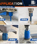 Tile hole saw kit with blue BRSCHNITT diamond core drill bits for porcelain/ceramic tile; four drilling views