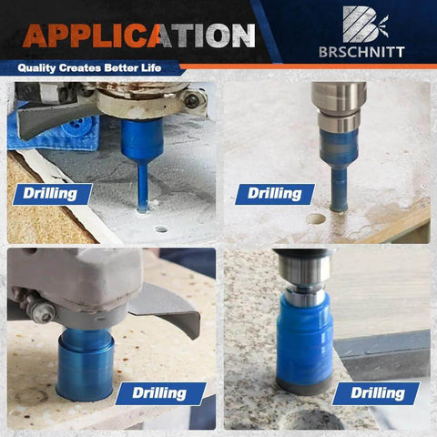Tile hole saw kit with blue BRSCHNITT diamond core drill bits for porcelain/ceramic tile; four drilling views