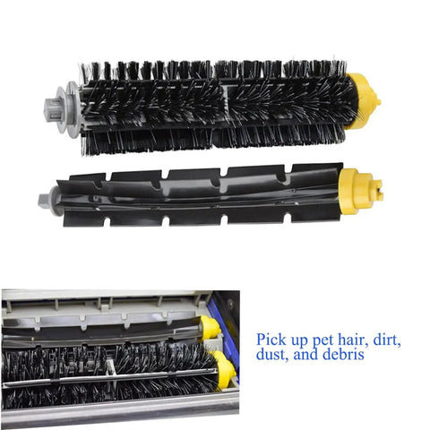 Replacement Parts Kit For Roomba 600 Series Vacuum Cleaners Includes Bristle Brush Flexible Beater Brush Filter Side Brush Screws And Cleaning Tool Works With 692 694 690 680 660 665 651 650 614 595 showing bristle and beater brushes.