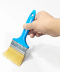 Kickass Drywall Finishing Kit With No Sweat Paint Roller, Stainless Steel Scraper And J Trowel, Flexible Putty Brush, Heavy Duty Mud Pan Plus Telescoping Extension Pole For Smooth Interior Walls - Blue handle brush with bristles.