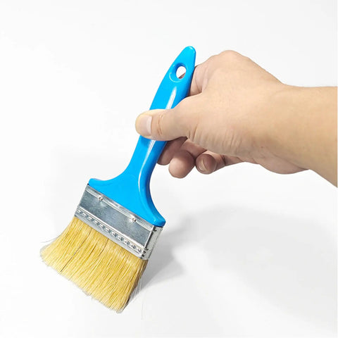 Kickass Drywall Finishing Kit With No Sweat Paint Roller, Stainless Steel Scraper And J Trowel, Flexible Putty Brush, Heavy Duty Mud Pan Plus Telescoping Extension Pole For Smooth Interior Walls - Blue handle brush with bristles.