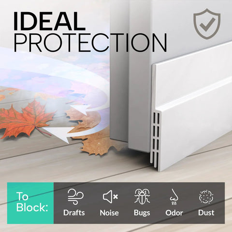 Vellure door draft stopper installed at bottom of white interior door; white plastic weather seal.