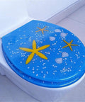 Straight Up Premium Soft Close Toilet Seat Featuring Quick Release Hinges And Ergonomic Contour For Zero Slamming And Heckin Comfort Everyday Bathroom Upgrade with blue starfish design.