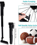 17-inch black mini pump from Bike Tire Repair Kit With Waterproof Saddle Bag On The Go, shown with sports ball inflation capability.
