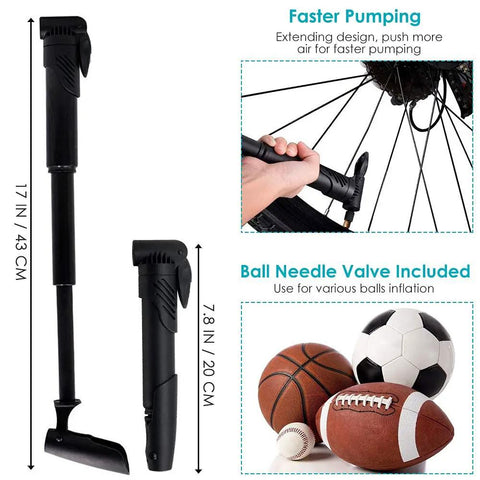 17-inch black mini pump from Bike Tire Repair Kit With Waterproof Saddle Bag On The Go, shown with sports ball inflation capability.