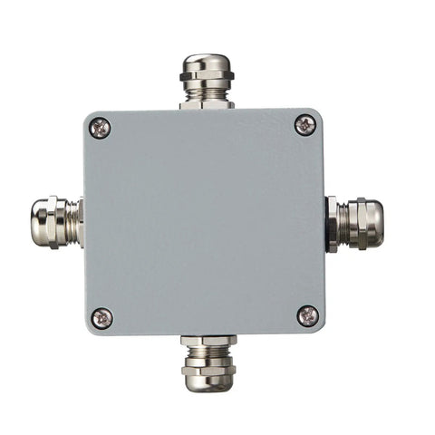 Top view of heavy-duty aluminum waterproof junction box IP66 outdoor explosion proof project box for industrial use, grey enclosure.