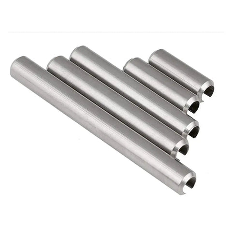 Beefy Stainless Steel Spring Dowel Pin Set 304 Grade Split Roll Pins M3 8mm to 40mm Lengths arranged in a row