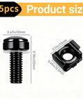 Professional Grade Rack Mount Screws And Cage Nuts Kit With Nylon Washers M6 X 20mm Carbon Steel hardware showing sizes of black screws and cage nuts.