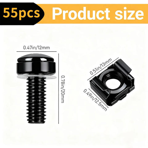 Professional Grade Rack Mount Screws And Cage Nuts Kit With Nylon Washers M6 X 20mm Carbon Steel hardware showing sizes of black screws and cage nuts.