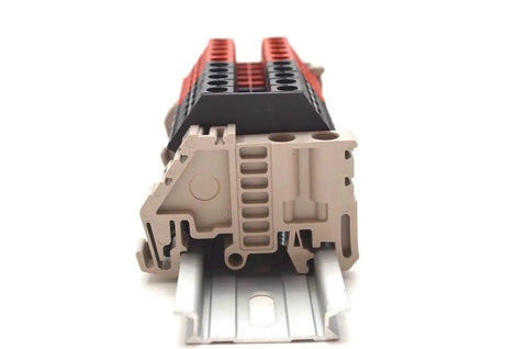 Front view of 10 Gang DIN Rail Terminal Blocks For Solar And Power Distribution, Plug And Play Ready, 10 22 AWG Cables, 30 Amp, 600 Volt UL Rated.