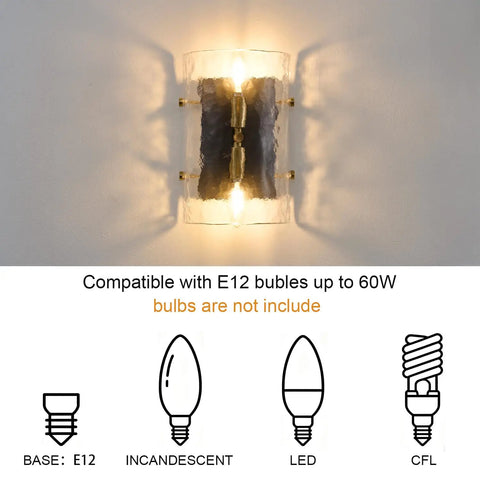 MWZ Modern 2-Light Wall Sconce Set of 2 with Water Rippled Glass Shades 11" mounted on wall, showing E12 bulb compatibility.