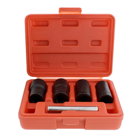 Open red case displaying Five Piece Lug Nut Extractor Socket Set For Rusted Stripped Bolts And Nuts Twist Socket Design tools.