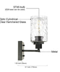 Two Light Matte Black Wall Sconce With Clear Hammered Glass for Modern Bathroom Vanity Wall Lamp for Mirrors Cabinets or Powder Room Up or Down Mount Today, showing optic cylindrical glass and metal base.