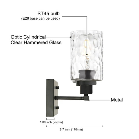 Two Light Matte Black Wall Sconce With Clear Hammered Glass for Modern Bathroom Vanity Wall Lamp for Mirrors Cabinets or Powder Room Up or Down Mount Today, showing optic cylindrical glass and metal base.