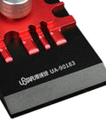 Close-up of Metal Small Etched Parts Bender Model UA90183, showing red metallic details on black base, precision tool for hobbyists.