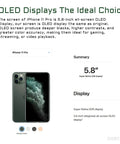 iPhone 11 Pro OLED display features and specifications with 5.8 inch Super Retina XDR screen, image of phone with midnight green color.