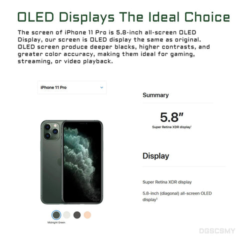 iPhone 11 Pro OLED display features and specifications with 5.8 inch Super Retina XDR screen, image of phone with midnight green color.