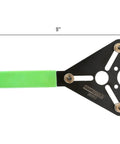 AC Clutch Holding Tool With Adjustable Pins showing 9-inch size, non-slip green handle, and black metal structure for vehicles with 1/4-20 bolts