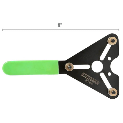 AC Clutch Holding Tool With Adjustable Pins showing 9-inch size, non-slip green handle, and black metal structure for vehicles with 1/4-20 bolts