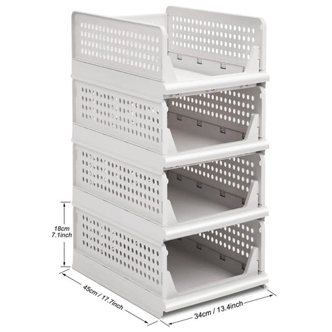 Four Pack Stackable Closet Organizers Bins For Kitchen Cabinets Pantry Office Bedroom Bathroom No Tool Needed White Durable Plastic Collapsible Drawer Baskets