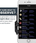 Smartphone displaying StarSense Explorer LT 80AZ app showing celestial objects list for stargazing guidance.