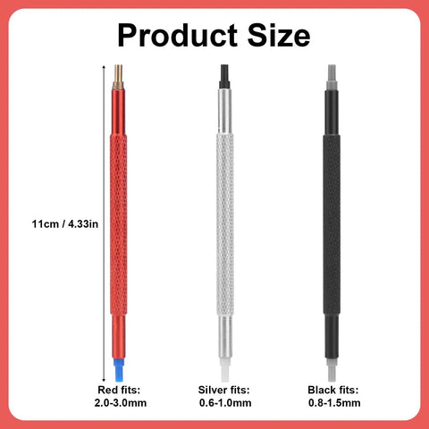 Pro Grade Stainless Steel Watch Hand Setting Tool Set 3 pieces with plastic end pusher tips, size details in red, silver, black