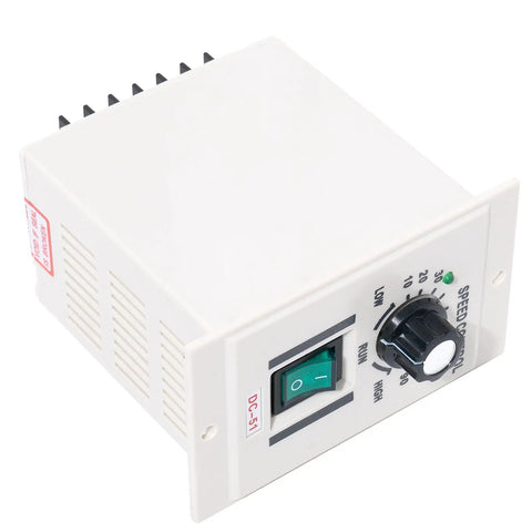 400W DC Motor Speed Controller Plug-And-Play Knob Adjustable Regulator 110V AC Input And 0-90V DC Output Smooth Stepless Speed Control For Single-Phase Motors Durable Electronics For Long-Lasting Use, front view with knob and switch