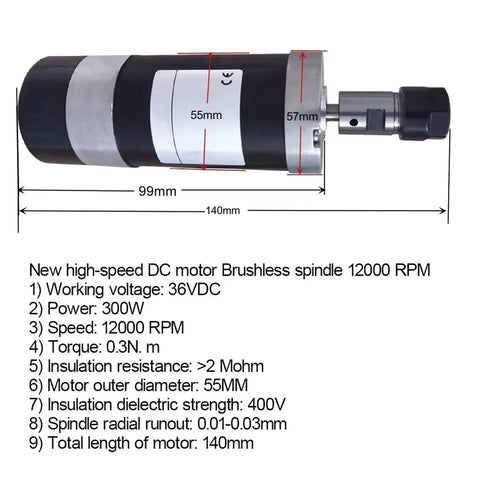 Beefy 300W CNC Brushless Spindle Air Cooled 36V 12000 RPM With Hall Sensor ER11 Collet 52mm Clamp Bracket for DIY CNC Machines
