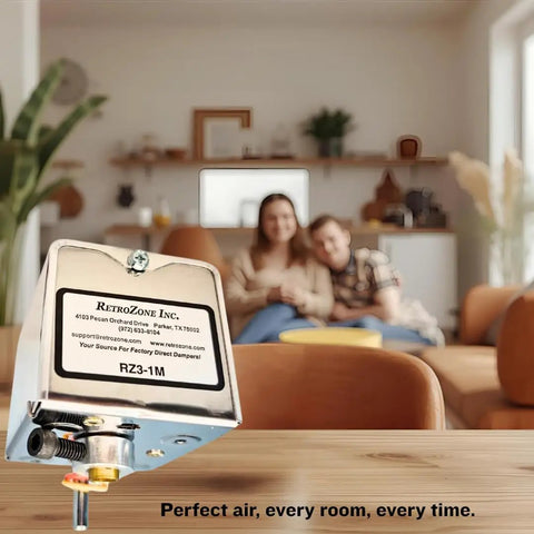 RZ3-1M Replacement Damper Motor Actuator shown installed in a living room setting, compatible with M847D Series for ARD ZD Dampers.