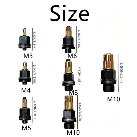 Heavy Duty Rivet Nut Tool Kit with Sixty Metric Press In Nuts M3 to M12 showing size chart for various nuts.