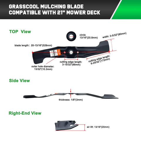 Mulching Blade Set For Honda HRR216 Series Walk Behind Mower 21 Inch Replacement Blades diagram with top, side, and end views