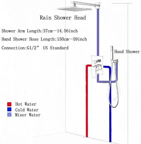 Diagram of No Sweat Thermostatic Shower Faucet Kit With Led Rainfall Head And Handheld Body Massager showing shower arm and hose lengths.