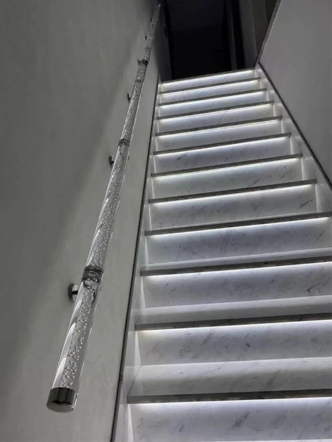 Slick Transparent Acrylic Stair Handrail With Heavy Duty Silver Brackets And Rock Solid Non Slip Grip Wall Mount Safety Rail For Seniors And Kids Custom Lengths Up To Twenty Feet Built Tough Reliability on illuminated stairs.