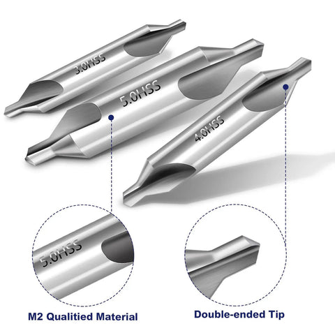 Center Drill Bit Set Pro Grade M2 High Speed Steel 7 Pc 60 Degree Centering Drill Bits with double-ended tips and engraving