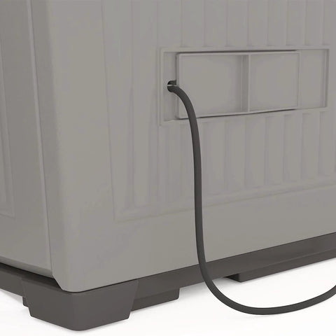Close-up of weatherproof base and built-in drainage on 130 Gallon Outdoor Storage Cabinet With Lockable Door Backyard Oasis Basic Unit Peppercorn Finish Weatherproof Outdoor Storage For Patio Cushions Grilling Utensils Pool Toys Gardening Tools Made In USA