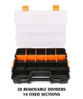 Two Piece 15 Inch Toolbox Organizer Set With 34 Compartments And 20 Removable Dividers, Durable Plastic Case In Black And Orange