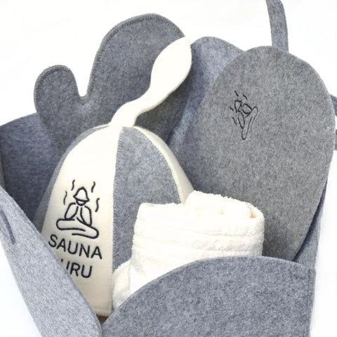 Wool Sauna Seat Cushion Pad For Benches Chairs Or Floors Comfy Handmade Gray Felt Heat Protector Insulated Mat For Dry Infrared Steam And Finnish Saunas Home Spa And Banya Accessory Kit with gray felt basket and sauna hat