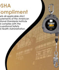 Solid Workhorse Fifty Foot Self Retracting Lifeline Anti Twist Swivel Housing Heavy Duty Double Gate Hook Osha Ansi Certified Fall Arrest Limiters For Jobsite Crews with carabiner attachment.