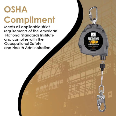 Solid Workhorse Fifty Foot Self Retracting Lifeline Anti Twist Swivel Housing Heavy Duty Double Gate Hook Osha Ansi Certified Fall Arrest Limiters For Jobsite Crews with carabiner attachment.