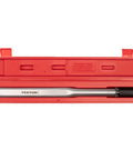 Half Inch Drive Micrometer Torque Wrench With 25 To 250 Foot Pound Range in red storage case, reversible ratchet visible