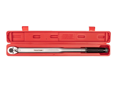 Half Inch Drive Micrometer Torque Wrench With 25 To 250 Foot Pound Range in red storage case, reversible ratchet visible